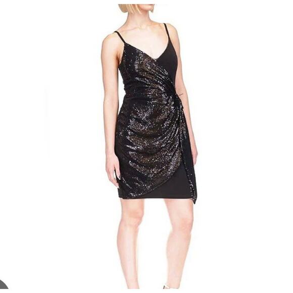 Michael Kors Sequin Matte Jersey Sleeveless Faux Wrap Mini Black Dress Sz XL New - Picture 1 of 16